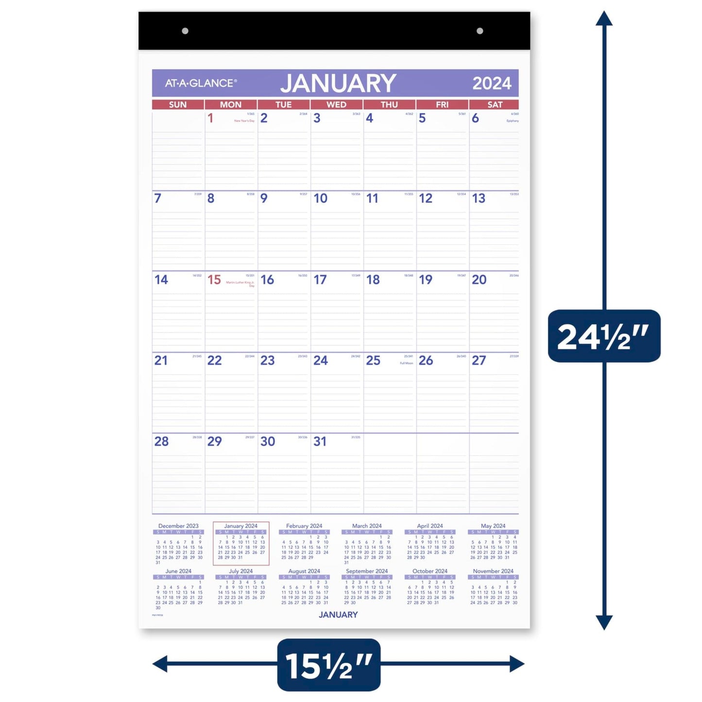 2024 AT-A-GLANCE® Repositionable Wall Calendar With Adhesive Backing, 15-1/2" x 22-3/4", January To December 2024, PM17RP28