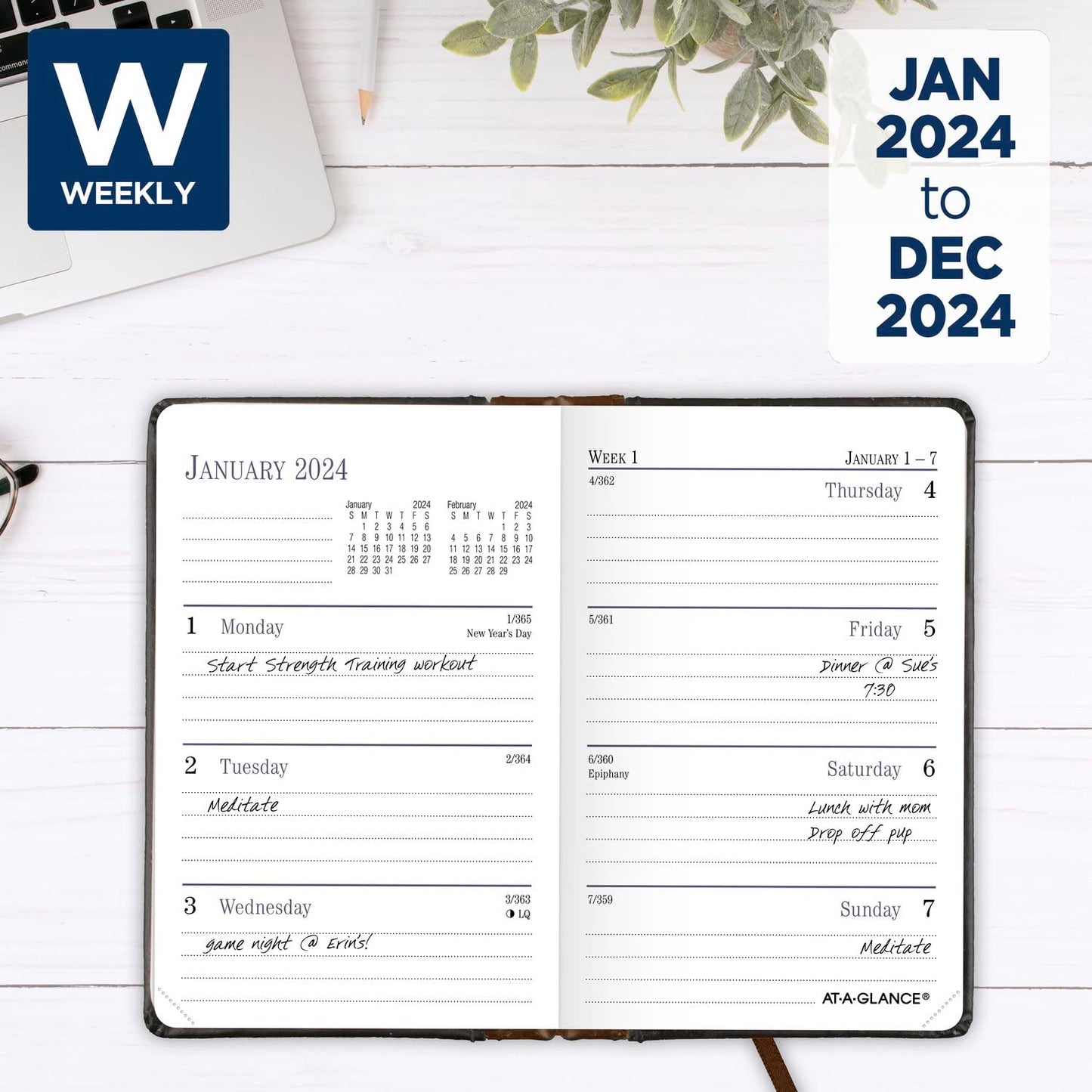 AT-A-GLANCE Fine Diary 2024 Weekly & Monthly Diary, 2-3/4" x 4-1/4", Pocket Size, Black Brown (74010524)