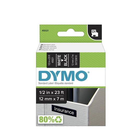 DYMO Black Tape w White Printing, 1/2in X 23ft, D1 Style Cartridge
