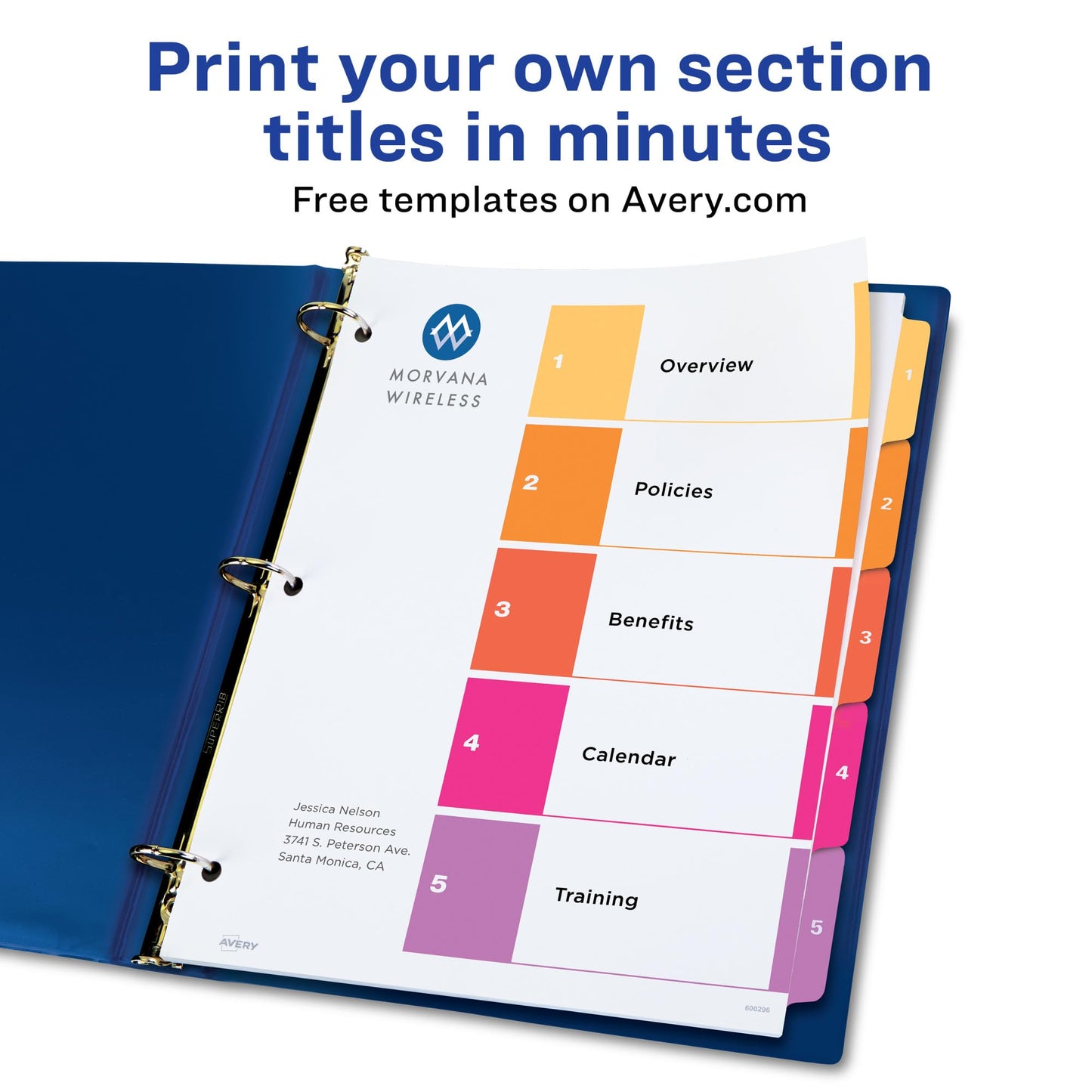 Avery 5 Tab Dividers for 3 Ring Binders, Customizable Table of Contents, Multicolor Tabs, 1 Set (11131)