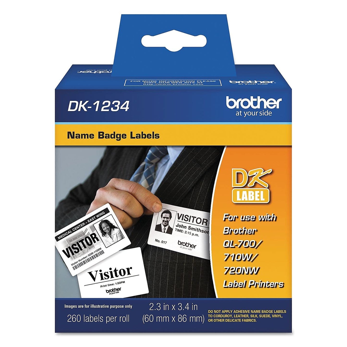 Brother Genuine DK-1234 Die-Cut Adhesive Name Badge White Paper Labels for Brother QL Label Printers, 2.3" x 3.4" (60mm x 86mm), 260 Labels per Roll, DK1234