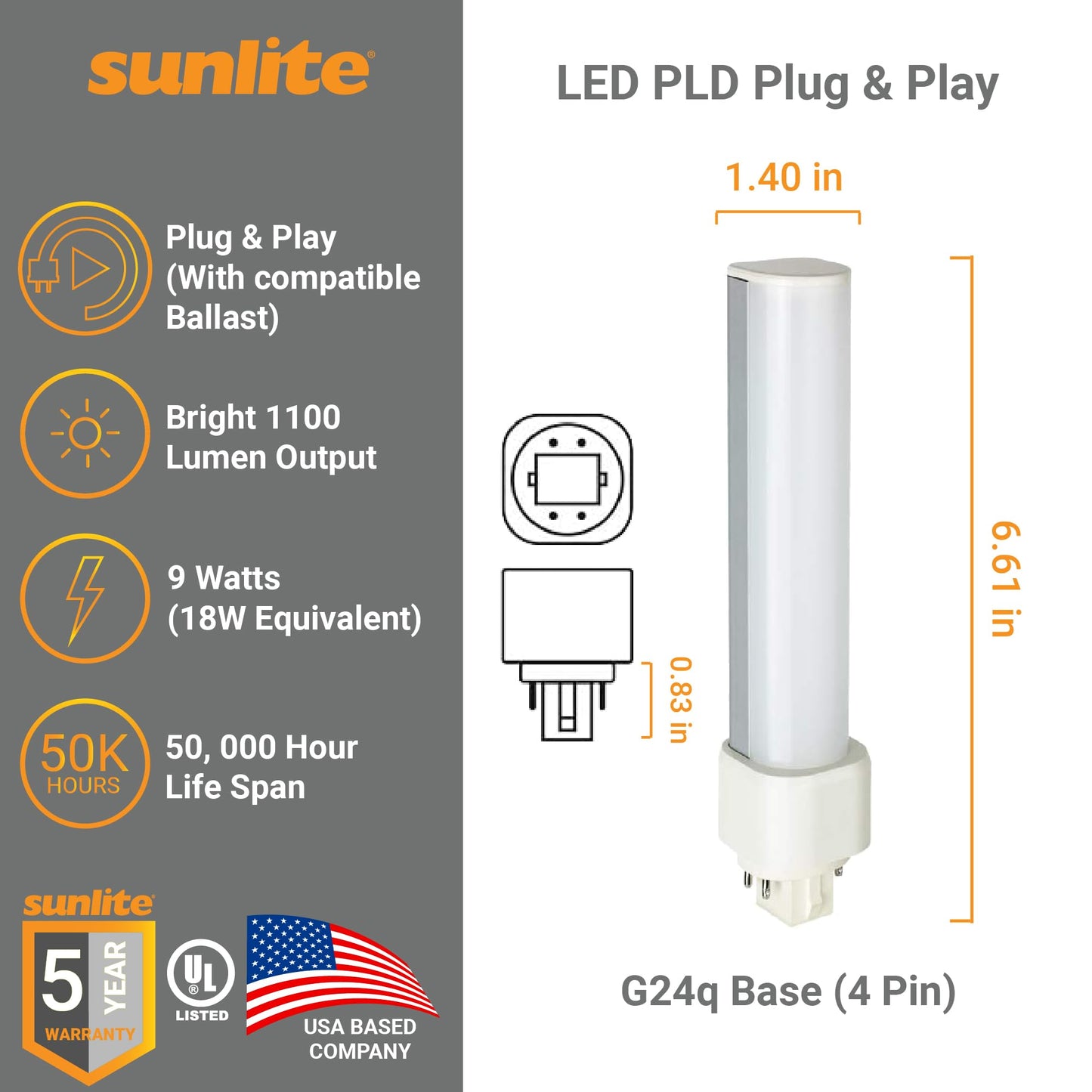 Sunlite 88275-SU LED Horizontal PLD Light Bulb 9 Watts (18W Equivalent), 1100 Lumens, G24q Base, Ballast Dependant, CFL Replacement, UL Listed, 50K - Daylight, 1 Pack