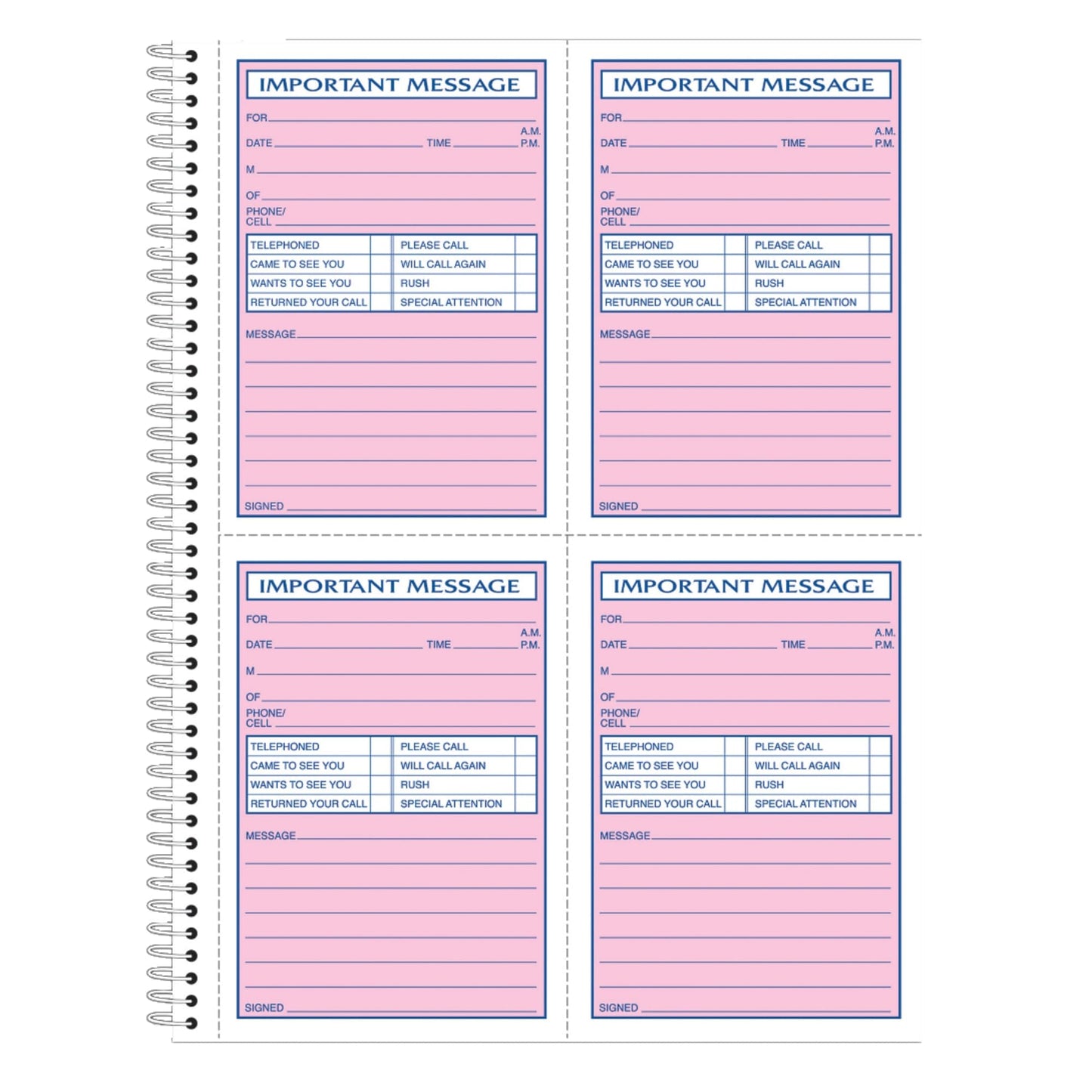 Adams Spiral Bound Phone Message Book, Carbonless Duplicate, 4 Messages per Page, 200 Sets per Book (SC1184D)