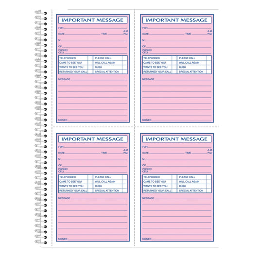 Adams Spiral Bound Phone Message Book, Carbonless Duplicate, 4 Messages per Page, 200 Sets per Book (SC1184D)