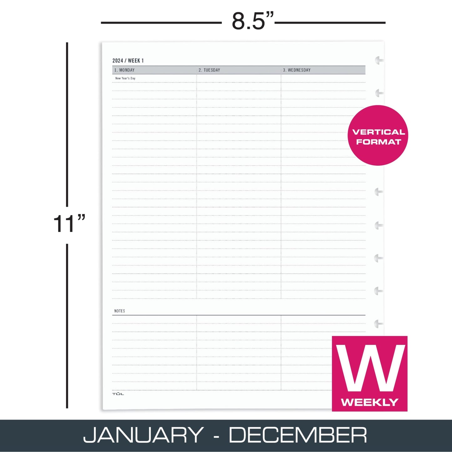 TUL� Discbound Weekly Planner Refill Pages, Untimed Vertical Format, Letter Size, January to December 2024