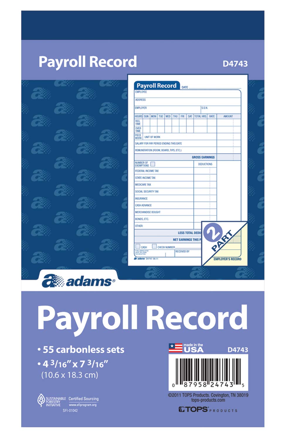 Adams Employee Payroll Record Book, 4.19 x 7.19 Inches, White and Canary, 2-Part, 55 Sets (D4743)