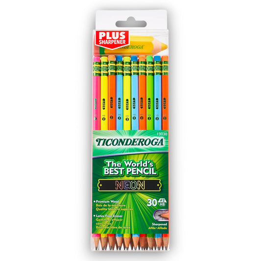 Ticonderoga Neon Pencils With Bonus Pencil-Shaped Sharpener, 2.2 mm, Pre-Sharpened Assorted Barrel Colors, Pack Of 30 Pencils