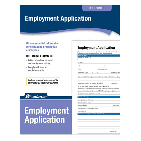 Adams Application for Employment, Forms and Instructions, 50 Forms per Pack (HR104) , White