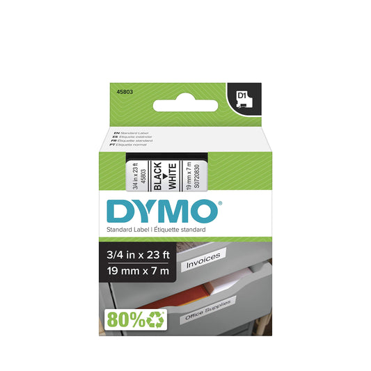 DYMO Authentic Standard D1 Labeling Tape for LabelManager Label Makers, Black Print on White Tape, 3/4'' W x 23' L, 1 Cartridge