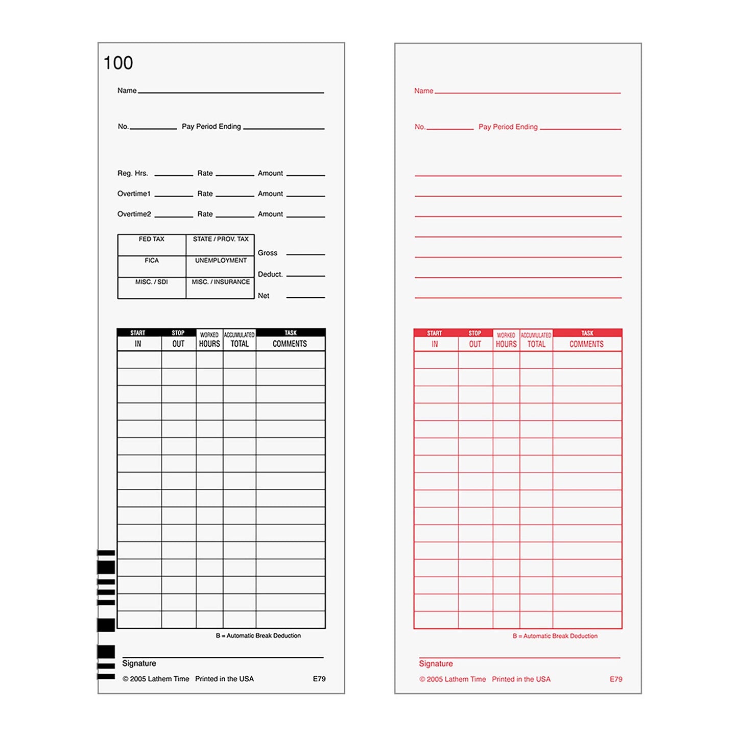 Lathem Universal Payroll/Job Time Cards, Double-Sided, For Lathem 7000E / 7500E Time Clocks, 100 Pack, E79-100, White