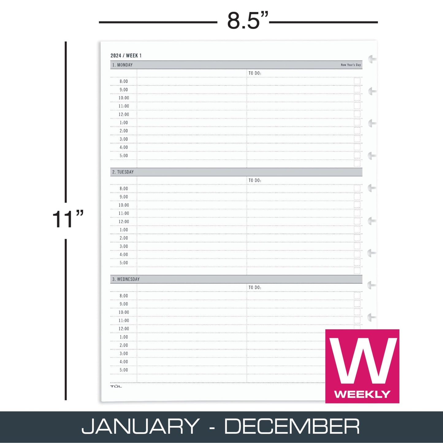 2024 TUL® Discbound Weekly Planner Refill Pages, Hourly Appointment Times, Letter Size, January To December