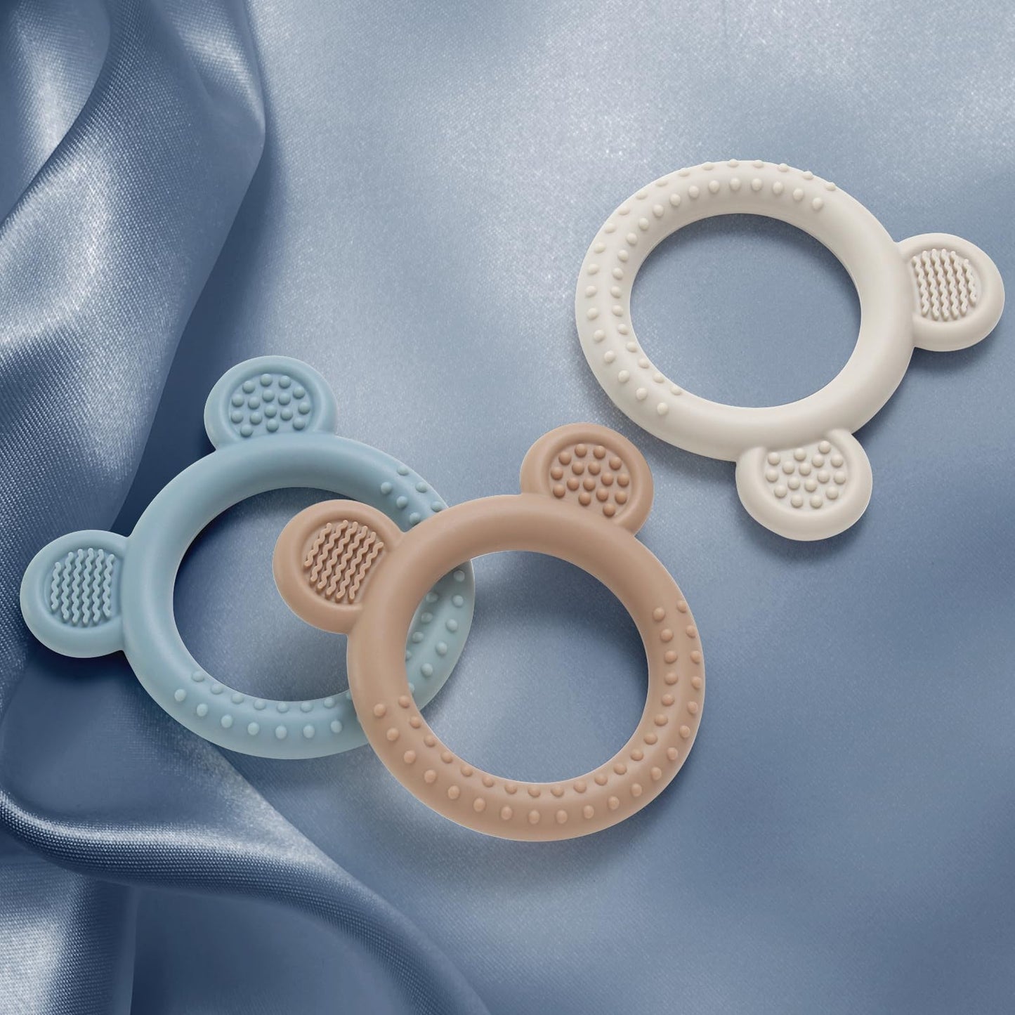 Eascrozn Teething Toys for Babies 0-6 Months, 3 Pack Silicone Baby Toys 6 to 12 Months, BPA Free Soft Textured Teething Relief Soothing Sore Gums Baby Essentials
