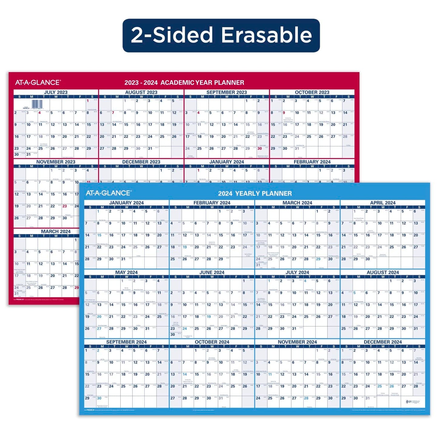 AT-A-GLANCE 2023-2024 Erasable Calendar, Dry Erase Wall Planner, 36" x 24", Large, Academic & Regular Year, Double Sided, Horizontal (PM200S2824)