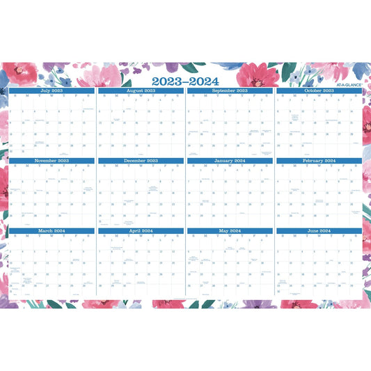 AT-A-GLANCE 2023-2024 Erasable Wall Calendar, 24" x 36", Large, Academic & Regular Year, Dry Erase, Reversible, Vertical/Horizontal, Badge Floral (1664F-550SB)