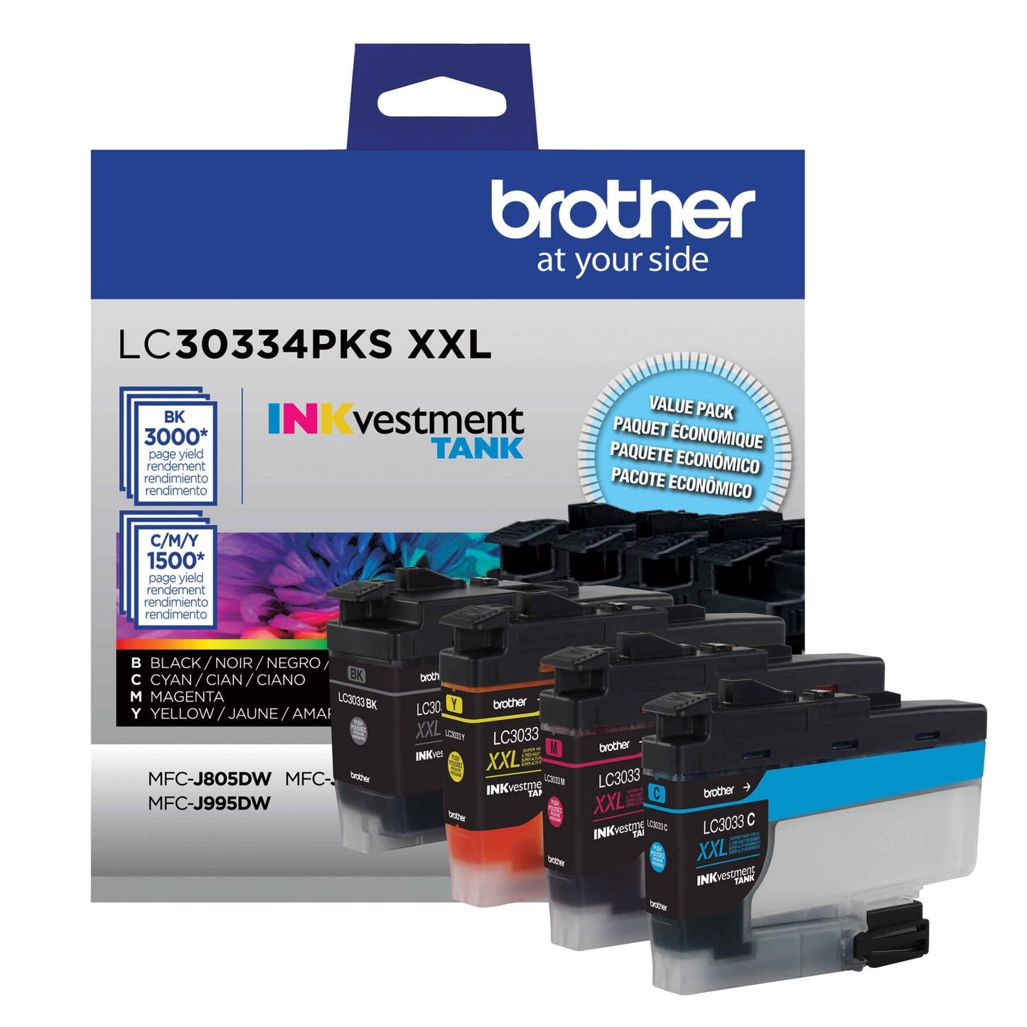 Brother Genuine LC30334PKS 4-Pack, Super High-Yield INKvestment Tank Ink Cartridges; Includes 1 Cartridge Each of Black, Cyan, Magenta & Yellow, Page Yield Up to 1,500 Pages/Cartridge, LC3033