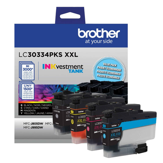 Brother Genuine LC30334PKS 4-Pack, Super High-Yield INKvestment Tank Ink Cartridges; Includes 1 Cartridge Each of Black, Cyan, Magenta & Yellow, Page Yield Up to 1,500 Pages/Cartridge, LC3033