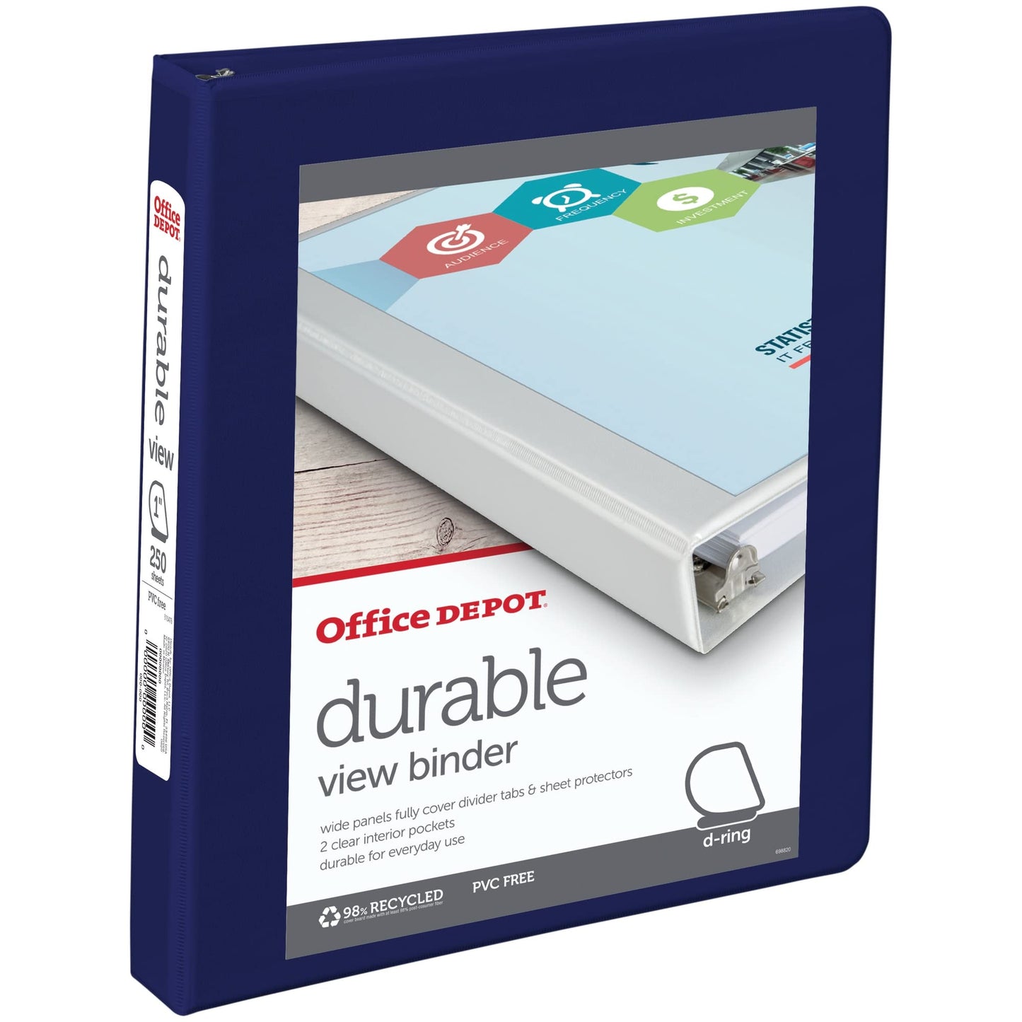 Office Depot� Brand Durable D-Ring View Binder, 1" Rings, 60% Recycled, Blue