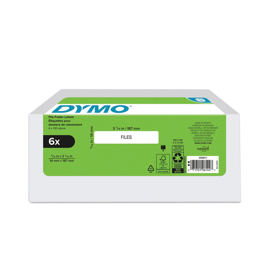 DYMO Authentic LW 1-Up File Folder Labels for LabelWriter Label Printers, White, 9/16" x 3-7/16", 6 Rolls of 130 (780 Total)