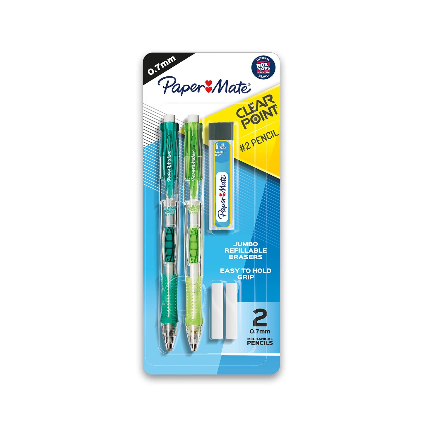 Paper Mate Clearpoint Mechanical Pencils, HB 2 Lead (0.7mm), Assorted Barrel Colors, 2 Pencils, 1 Lead Refill Set, 2 Erasers