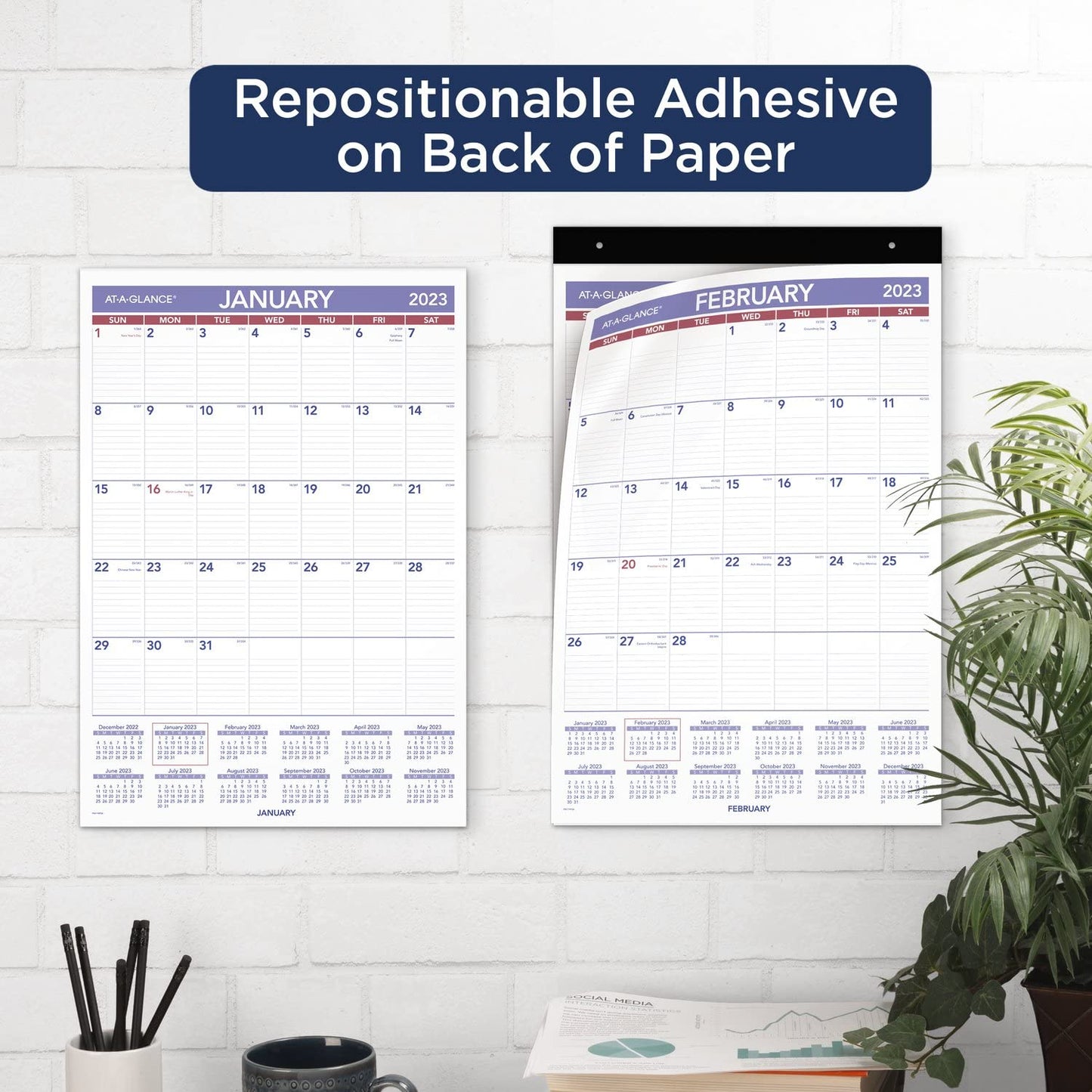 AT-A-GLANCE 2023 Wall Calendar, 15" x 22-3/4", Large, Monthly, Repositionable, Adhesive Backing (PM17RP28)