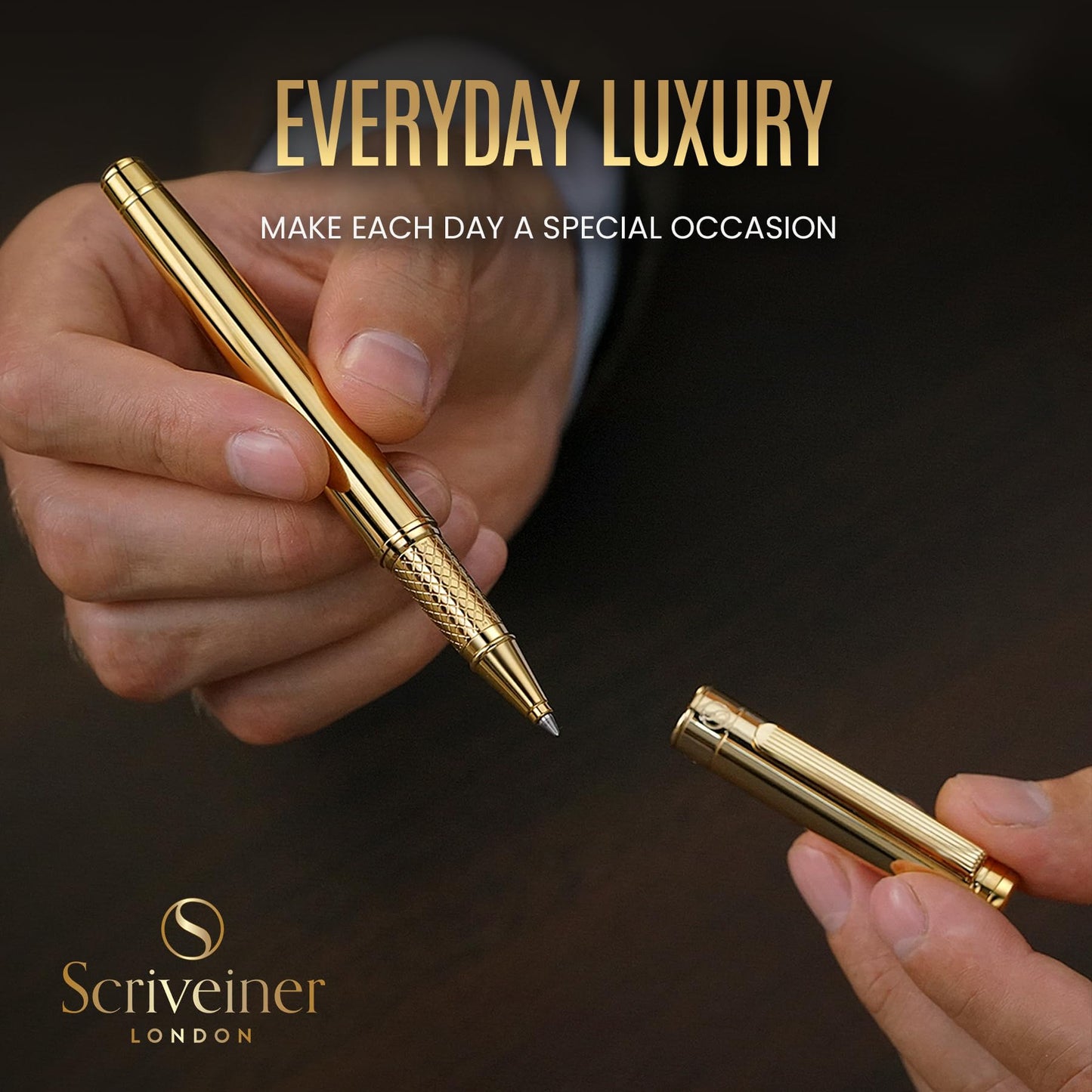 Scriveiner Gold Rollerball Pen - Stunning Luxury Pen with 24K Gold Finish, Schmidt Ink Refill, Best Roller Ball Pen Gift Set for Men & Women, Professional, Executive Office, Nice Pens