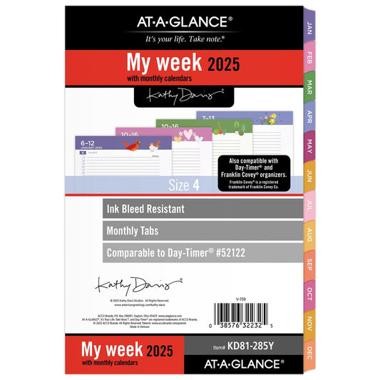 AT-A-GLANCE 2025 Planner Refill, Weekly & Monthly, 5-1/2" x 8-1/2", Size 4, Desk Size, 52122 Day-Timer, Kathy Davis (KD81-285Y-25)