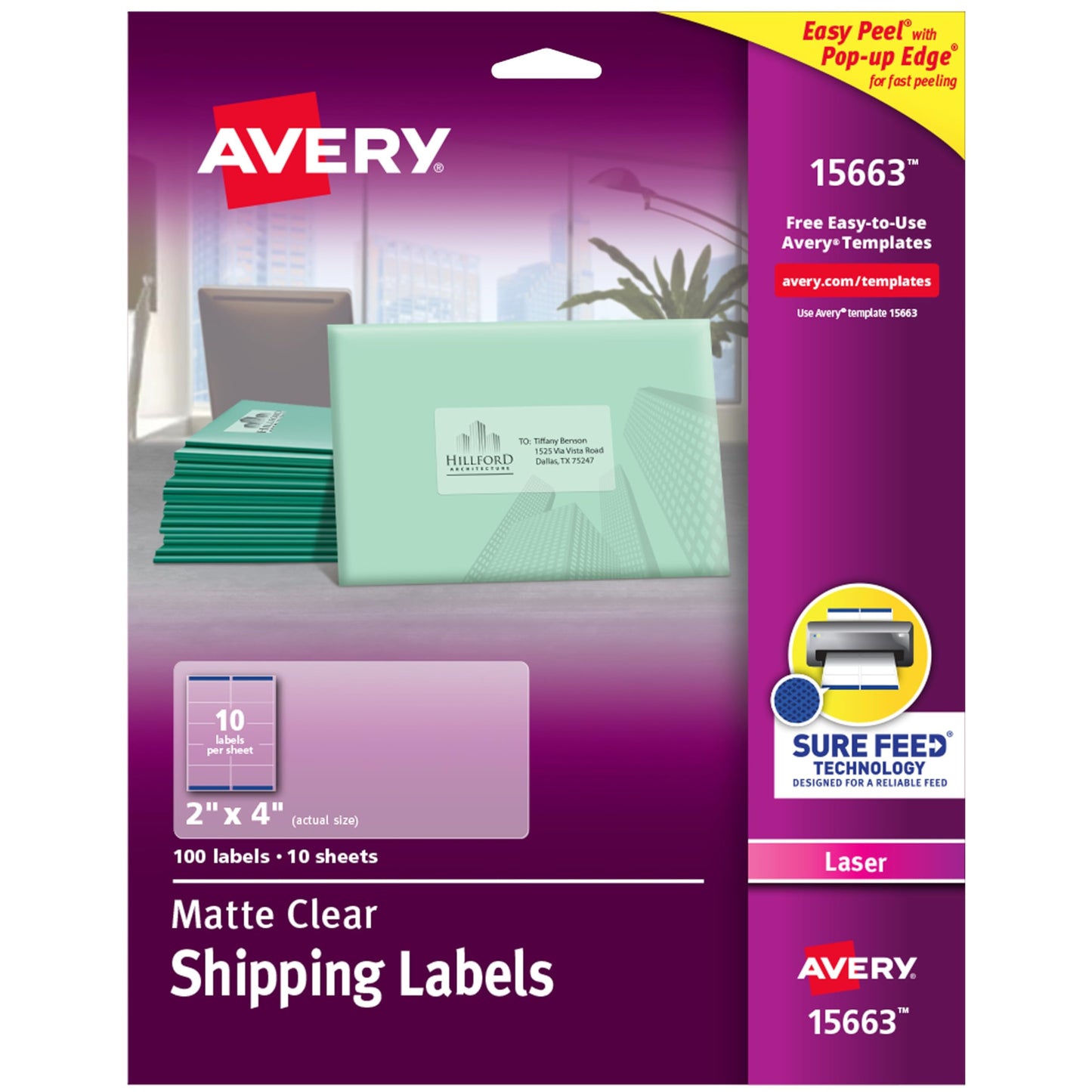 Avery Printable Shipping Labels with Sure Feed, 2" x 4", Matte Clear, 100 Blank Mailing Labels (15663)