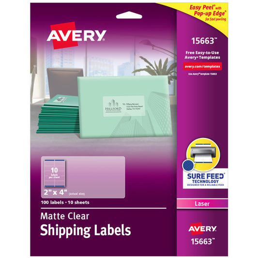 Avery Printable Shipping Labels with Sure Feed, 2" x 4", Matte Clear, 100 Blank Mailing Labels (15663)