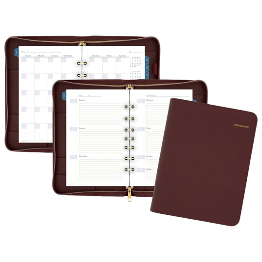 AT-A-GLANCE Faux Leather Undated Starter Set, 7-Ring, 5-1/2" x 8-1/2", Desk Size, Fashion, Merlot (DR1114-040)