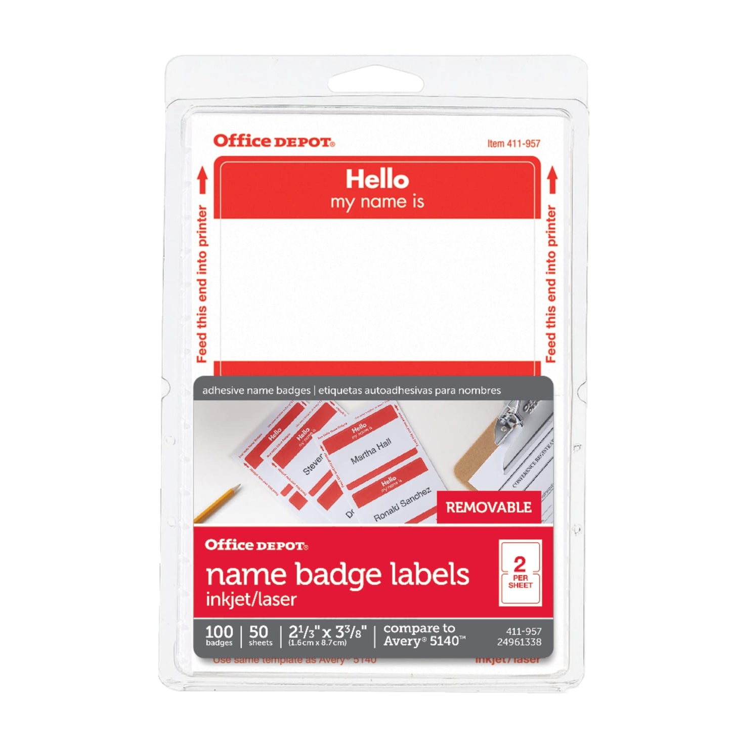 Office Depot Hello Name Badge Labels, 2 11/32in. x 3 3/8in., Red Border, Pack of 100, OD98840