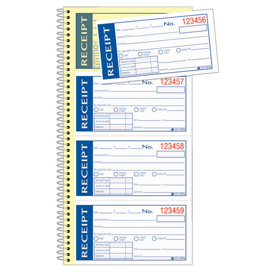 Adams Write n' Stick Receipt Book, 2-Part, Carbonless, White/Canary, 5-1/4" x 11", Spiral Bound, 200 Sets per Book, 4 Receipts per Page (SC1152WS)