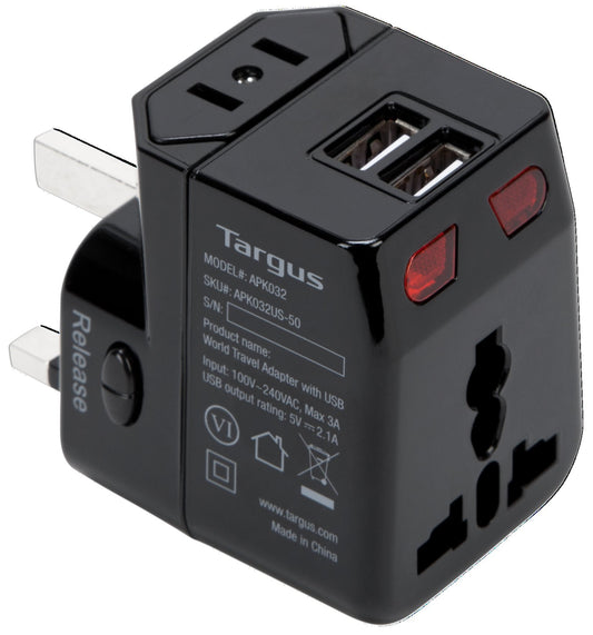 Targus World Travel Power Adapter with Dual USB Charging Ports for Laptop, Phone, Tablet, or Other Mobile Device (APK032US)