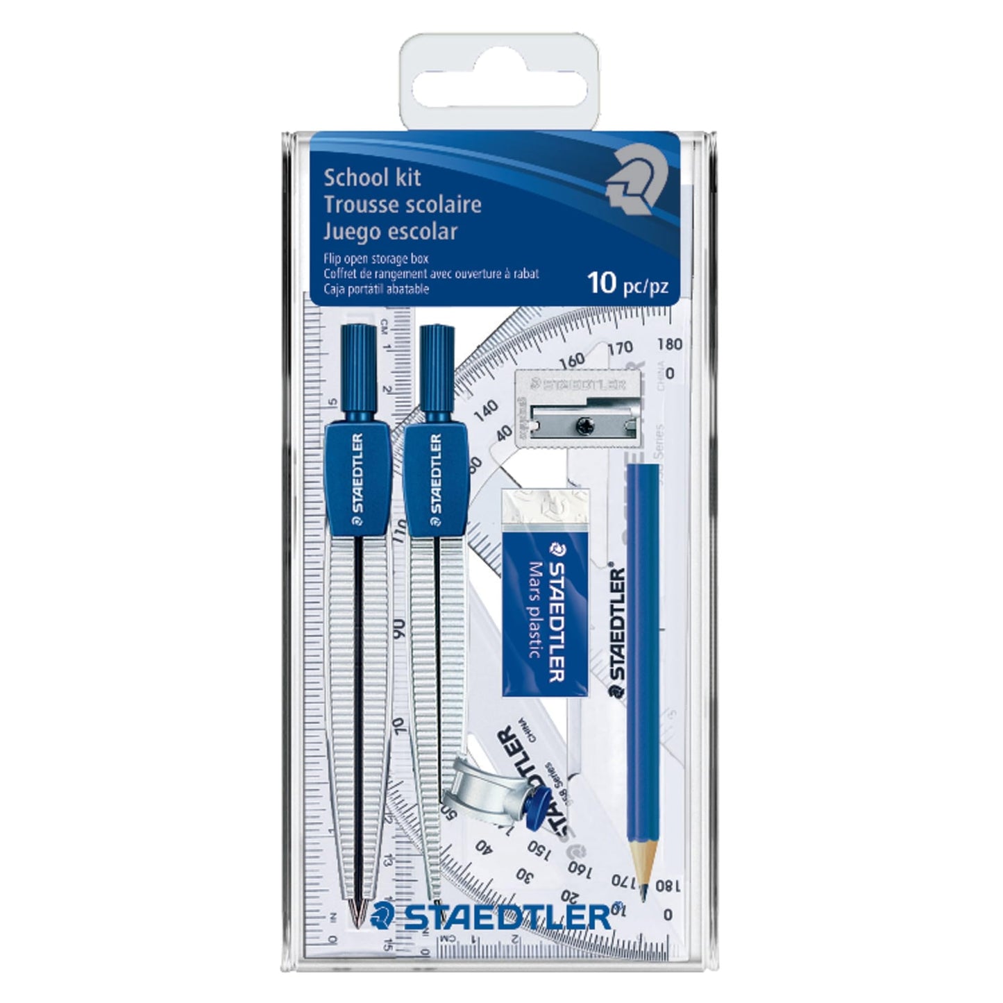 Staedtler 10-Piece Math School Geometry Set, Blue, Silver