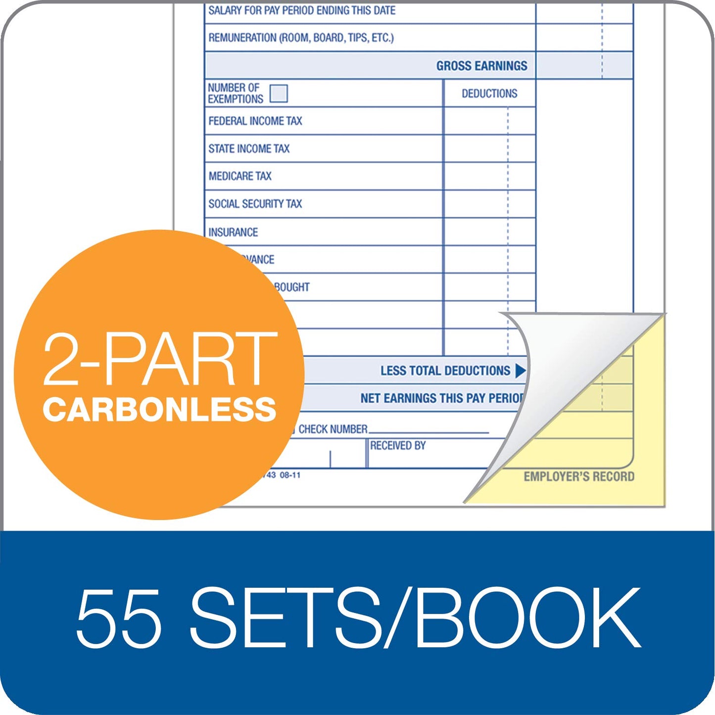 Adams Employee Payroll Record Book, 4.19 x 7.19 Inches, White and Canary, 2-Part, 55 Sets (D4743)