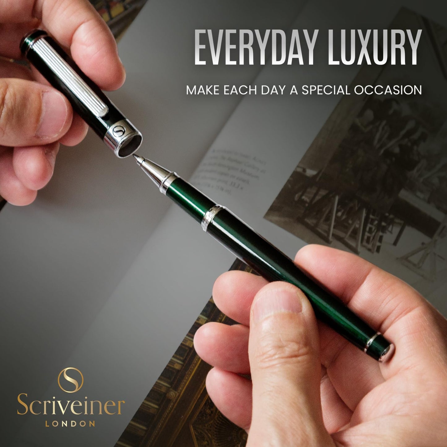 Scriveiner British Racing Green Rollerball - Stunning Luxury Rollerball Pen, Chrome Finish, Schmidt Ink Refill, Best Roller Ball Pen Gift Set for Men & Women, Professional, Executive Office, Nice Pens