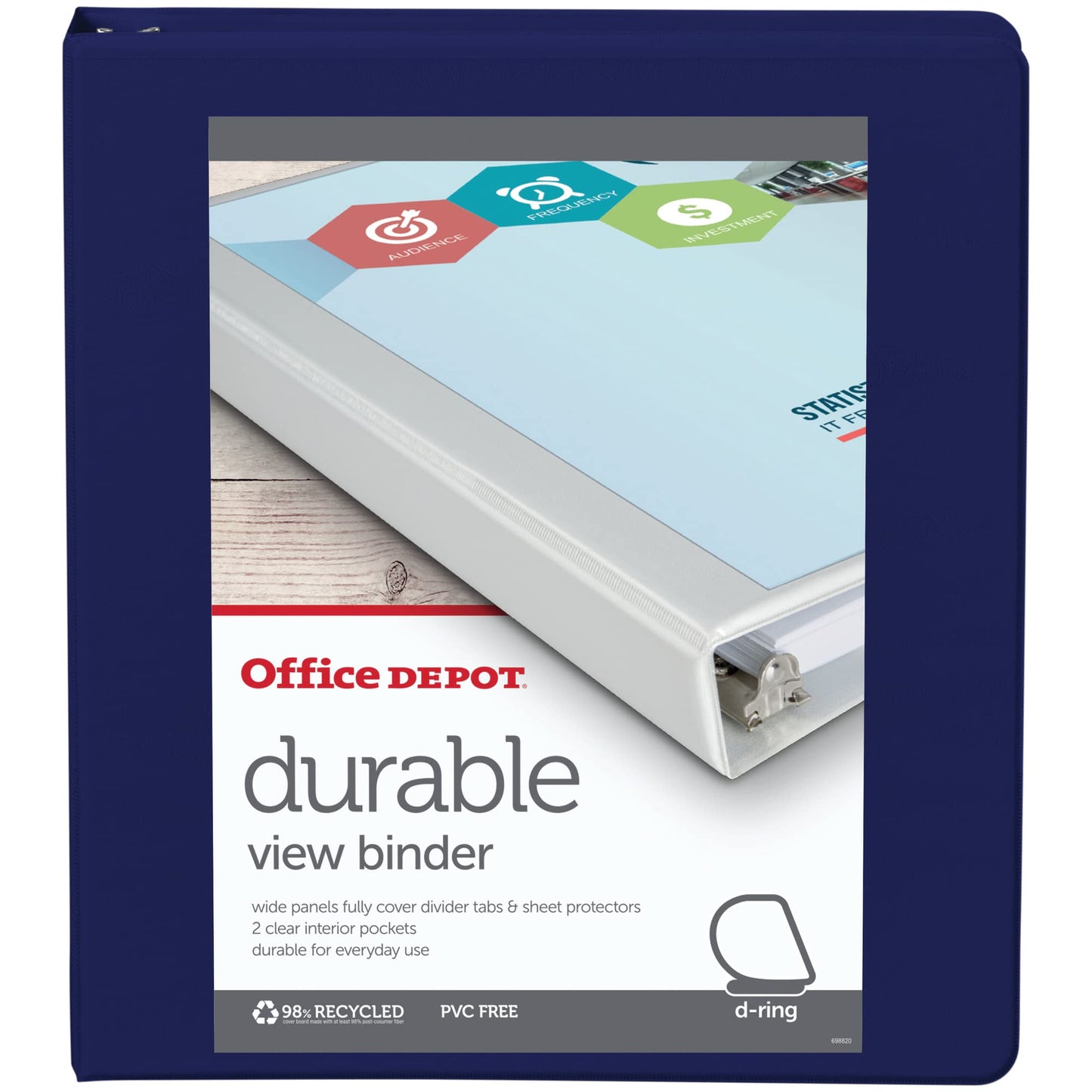 Office Depot� Brand Durable D-Ring View Binder, 1" Rings, 60% Recycled, Blue