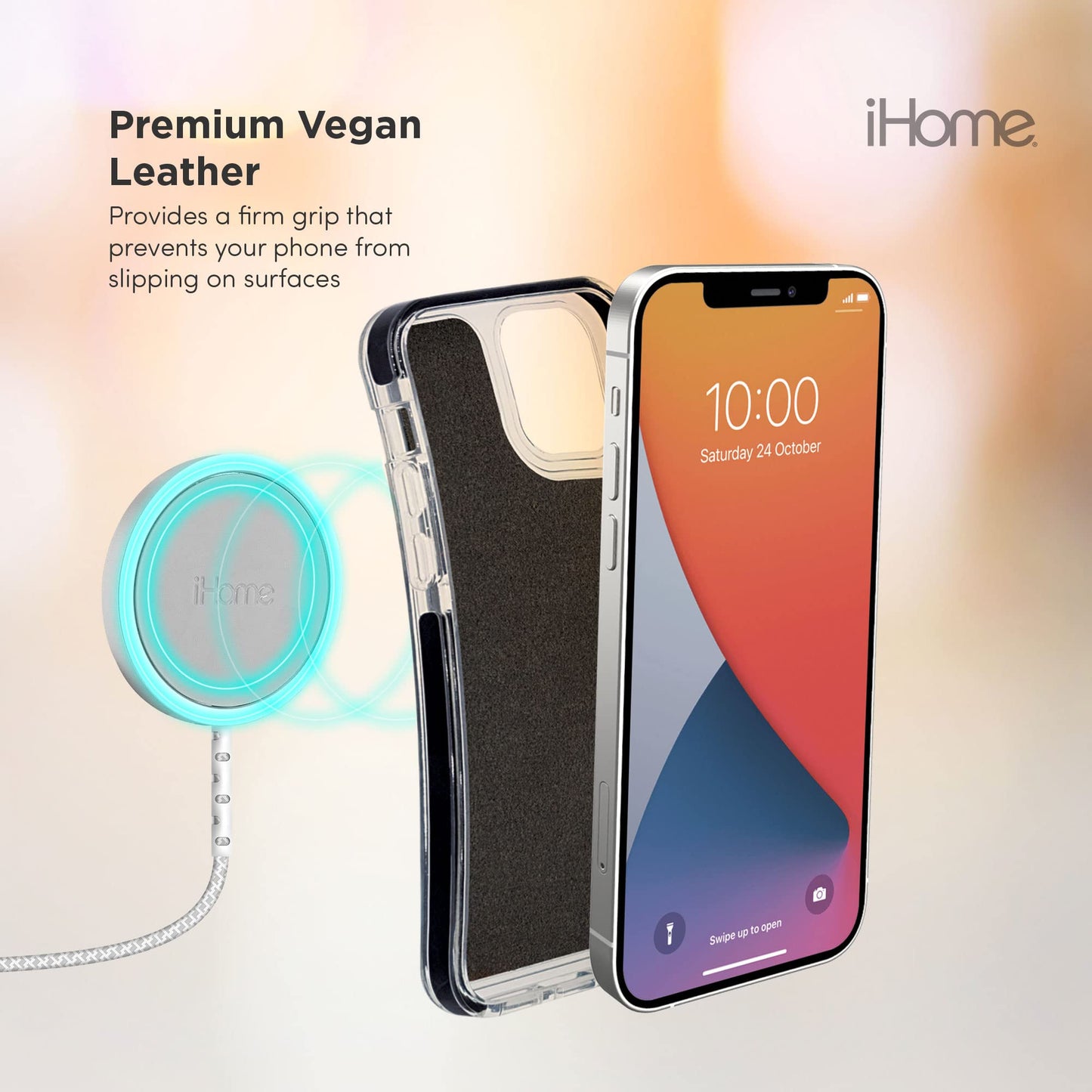 iHome Magnetic Vegan Leather Velo Case: Premium Vegan Leather, Lightweight, Ultra Slim, Shock Absorbent Velo Protective Case, MagSafe Compatible (iPhone 12/12 Pro, Black)