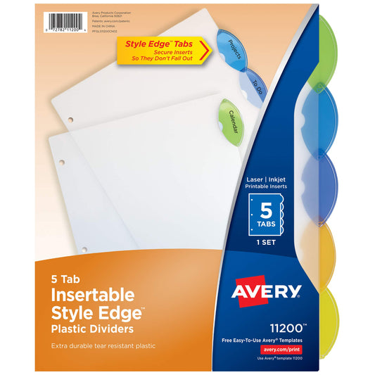 Avery 11200 Insertable Style Edge Tab Plastic Dividers, 5-Tab, Letter