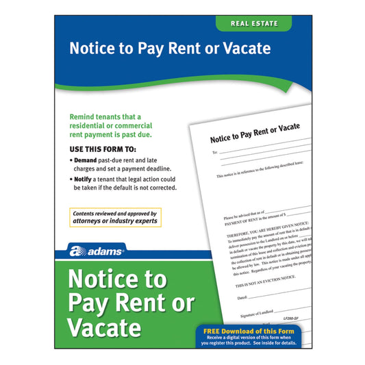 Adams Notice to Pay Rent or Vacate, Forms and Instructions [Print and Downloadable] (LF280), White