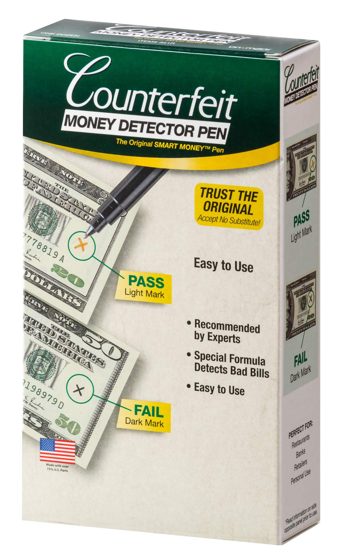 Dri Mark 351R1 Counterfeit Bill Detector Marker Pen - Made in The USA 3 Times More Ink, Pocket Size, Fake Money Checker, Money Loss Prevention Tester & Fraud Protection for U.S. Currency (Pack of 12),Black