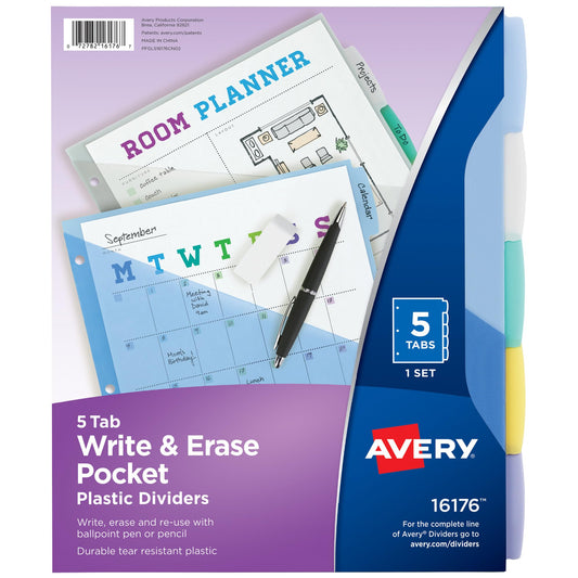 Avery Write & Erase Pocket Plastic Dividers for 3 Ring Binders, 5 Tab Set, Works with Sheet Protectors, Multicolor, 1 Set (16176)