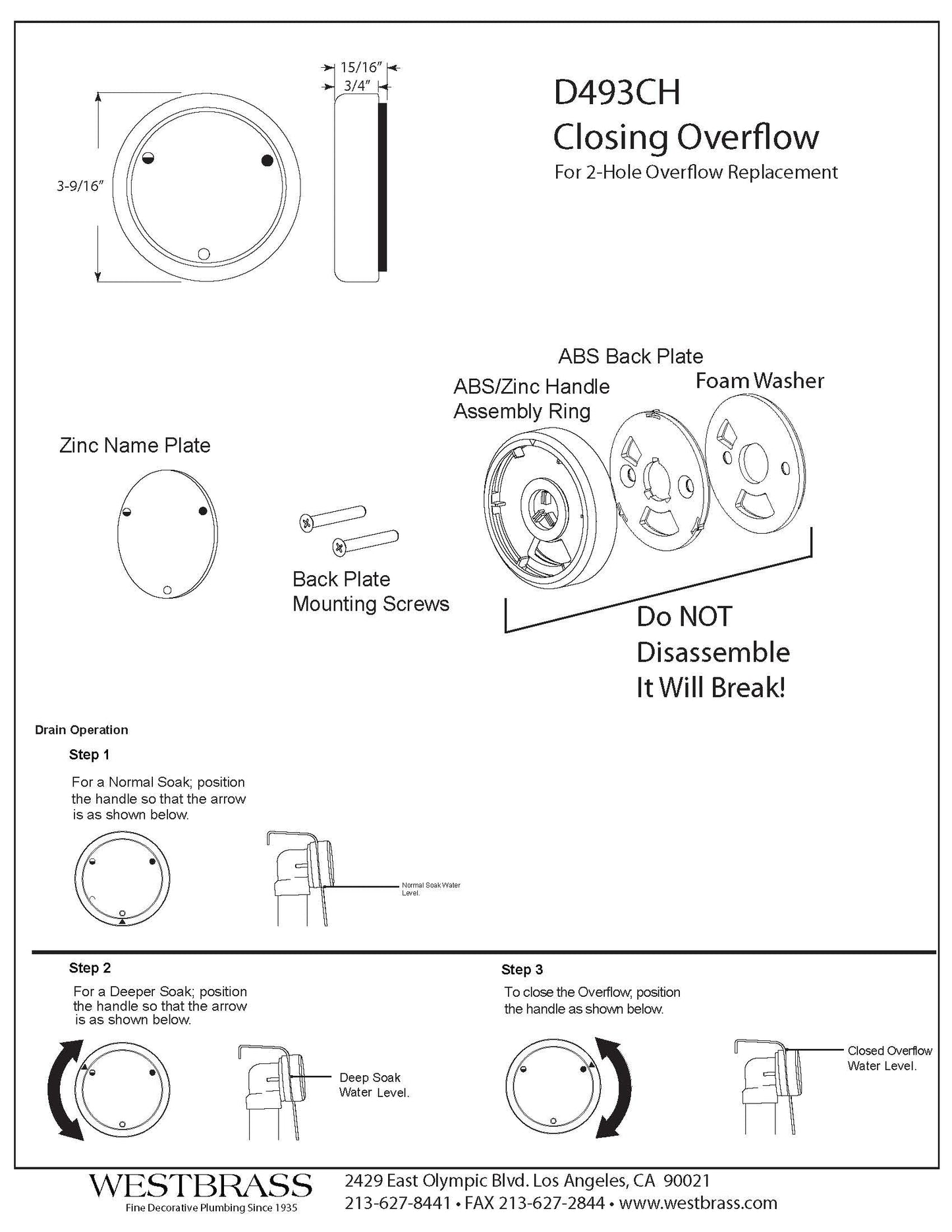 Westbrass D493CHM-12 Universal Patented Deep Soak Round Replacement 2-Hole Bathtub Overflow Cover for Full and Over-Filled Closure, 1 Pack, Oil Rubbed Bronze