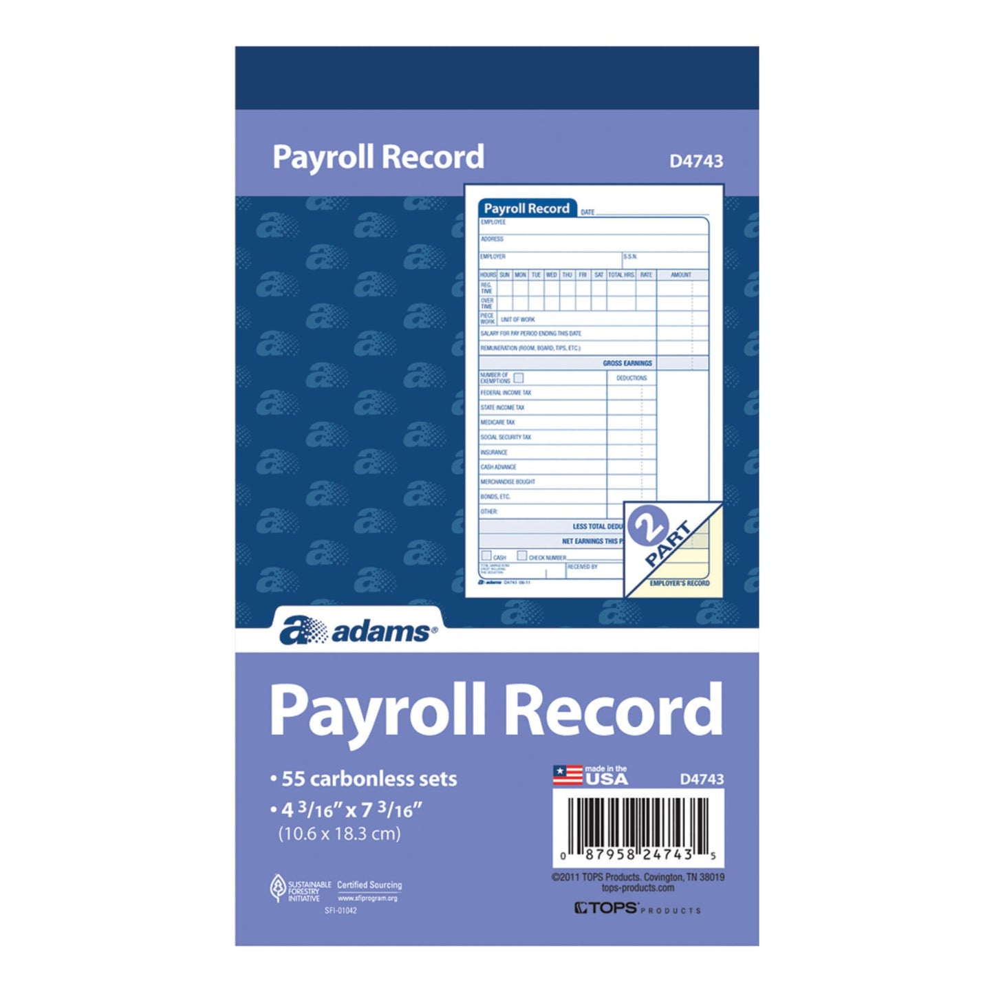 Adams Employee Payroll Record Book, 4.19 x 7.19 Inches, White and Canary, 2-Part, 55 Sets (D4743)