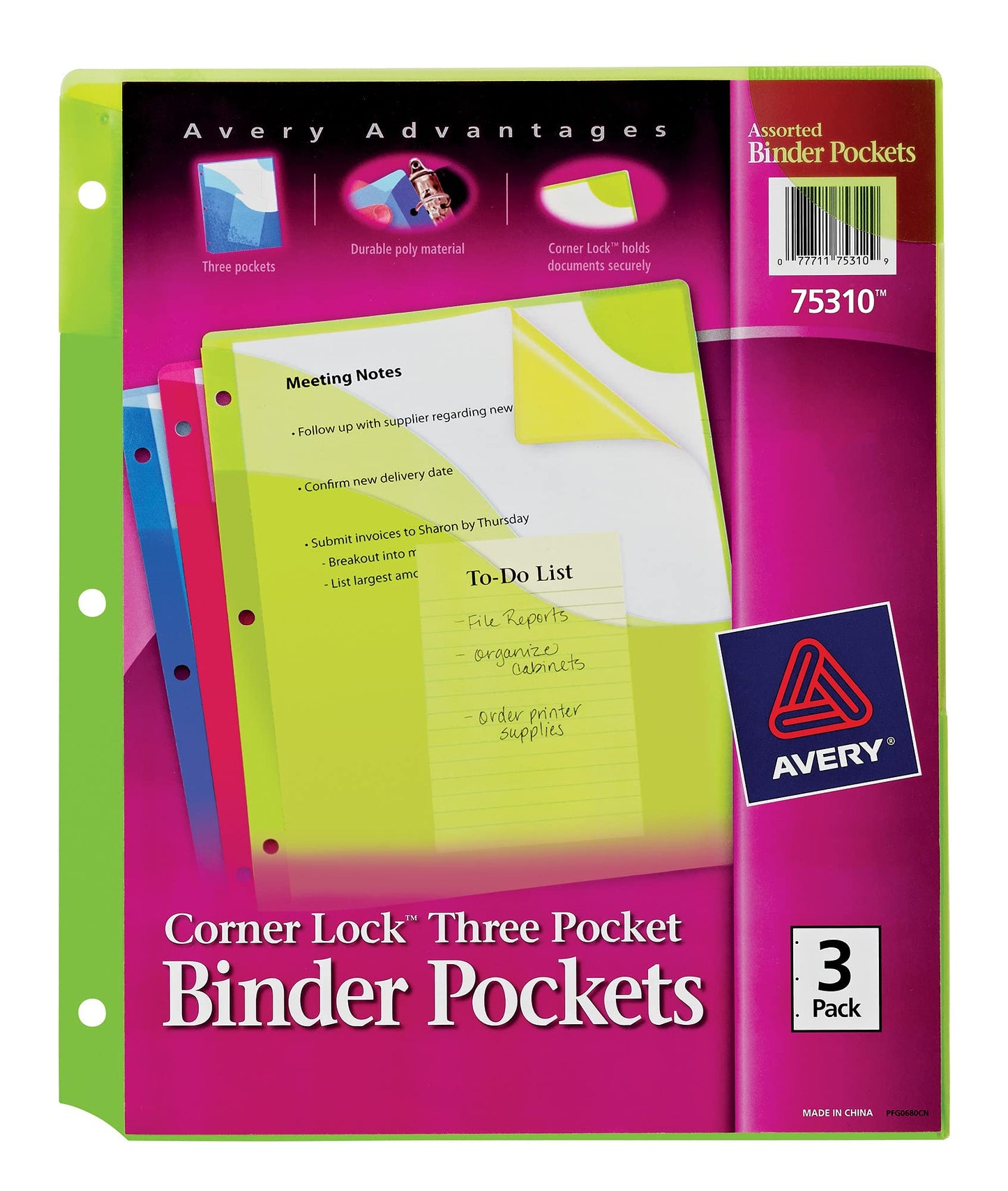 Avery Corner Lock 3 Pocket Binder Pockets for 3 Ring Binders, Assorted (Blue, Green and Pink), Pack of 3 Binder Pockets (75310)