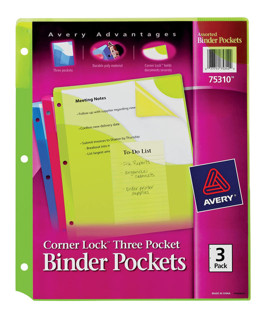 Avery Corner Lock 3 Pocket Binder Pockets for 3 Ring Binders, Assorted (Blue, Green and Pink), Pack of 3 Binder Pockets (75310)