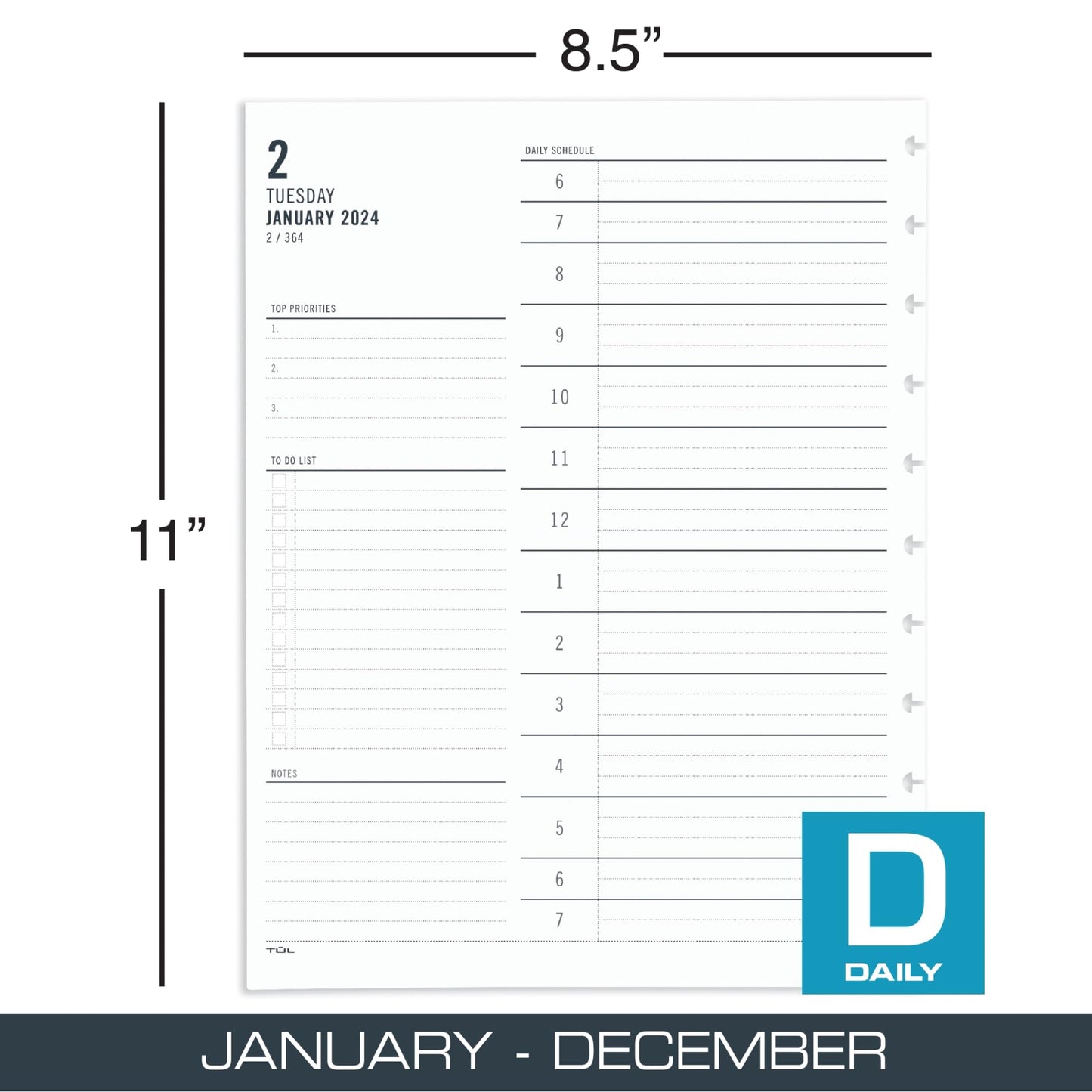 2024 TUL® Discbound Daily Planner Refill Pages, Hourly Appointment Times, Letter Size, January to December