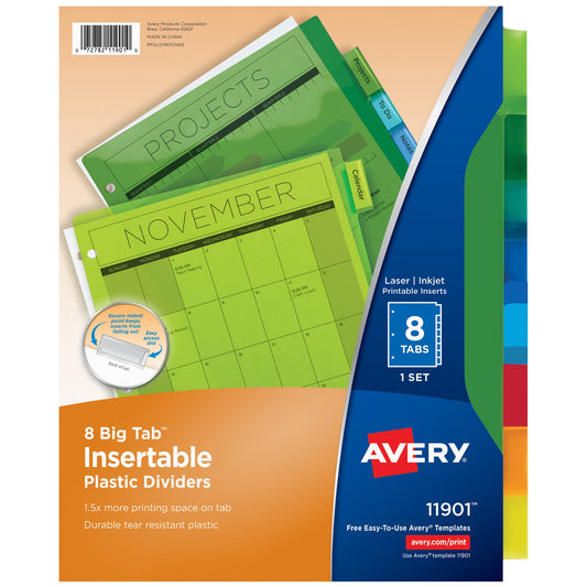 Avery Dividers for 3 Ring Binders, 8-Tab Binder Dividers, Plastic Binder Dividers, Insertable Big Tabs, Multicolor, 1 Set (11901)
