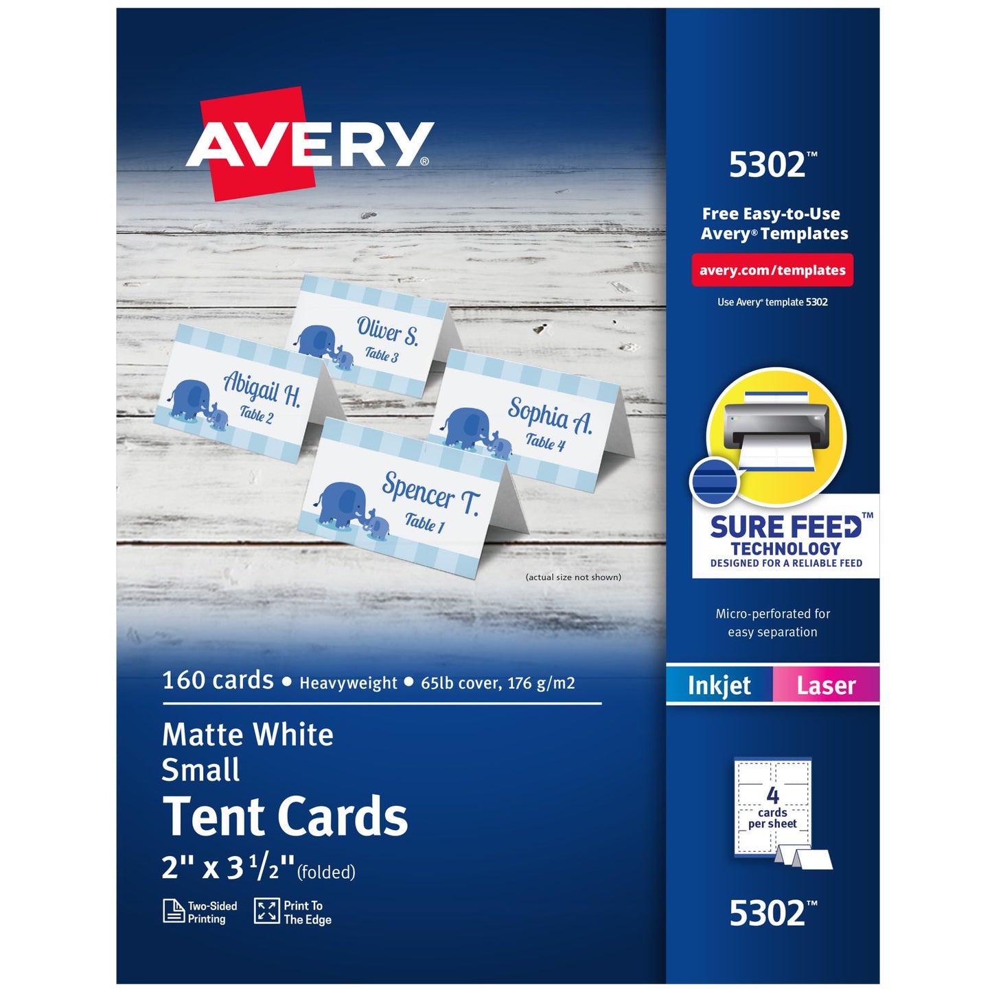 Avery Printable Tent Cards with Sure Feed Technology, 2" x 3.5", White, 160 Blank Place Cards for Laser or Inkjet Printers (5302)