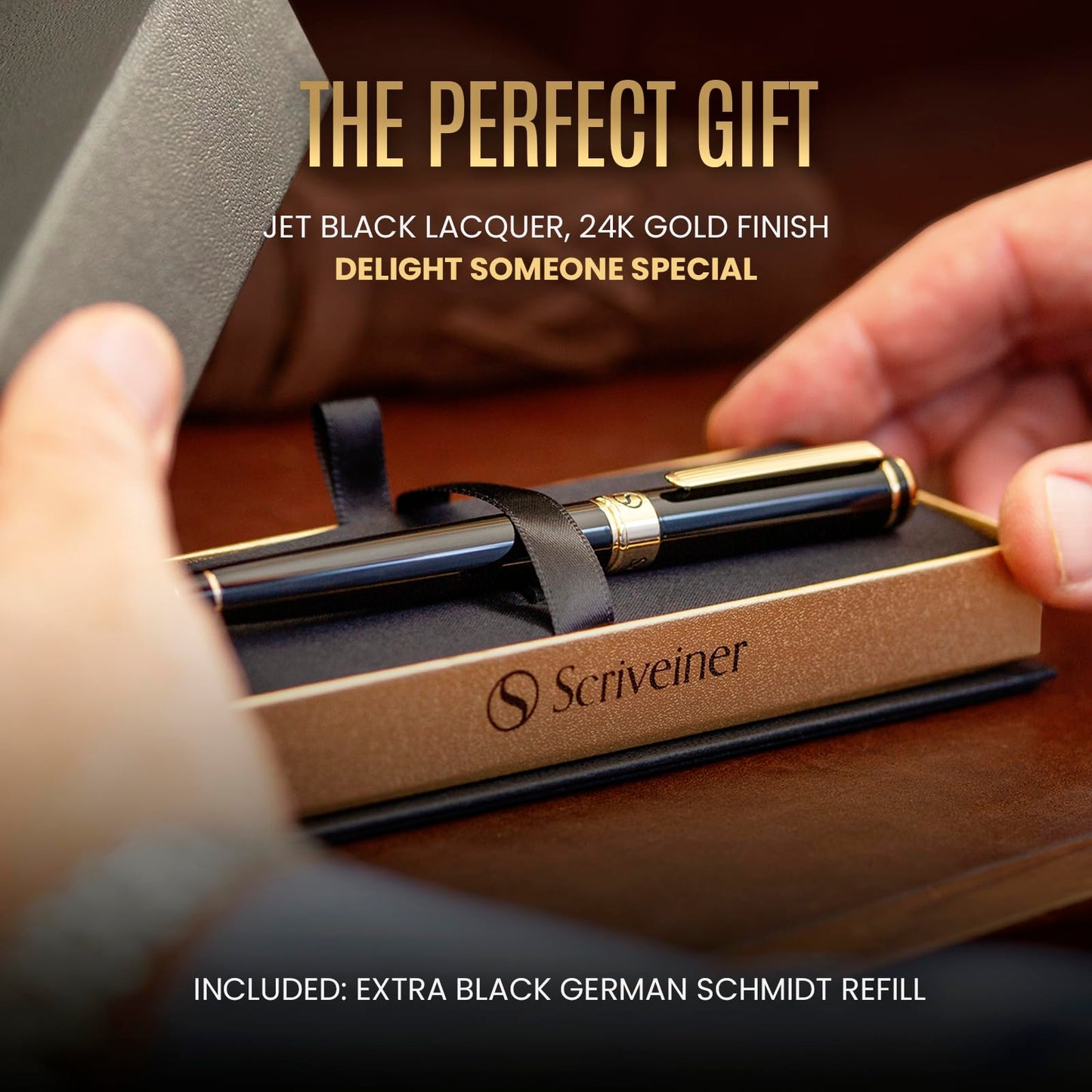 Scriveiner Black Lacquer Rollerball Pen - Stunning Luxury Pen with 24K Gold Finish, Schmidt Ink Refill, Best Roller Ball Pen Gift Set for Men & Women, Professional, Executive Office, Nice Pens