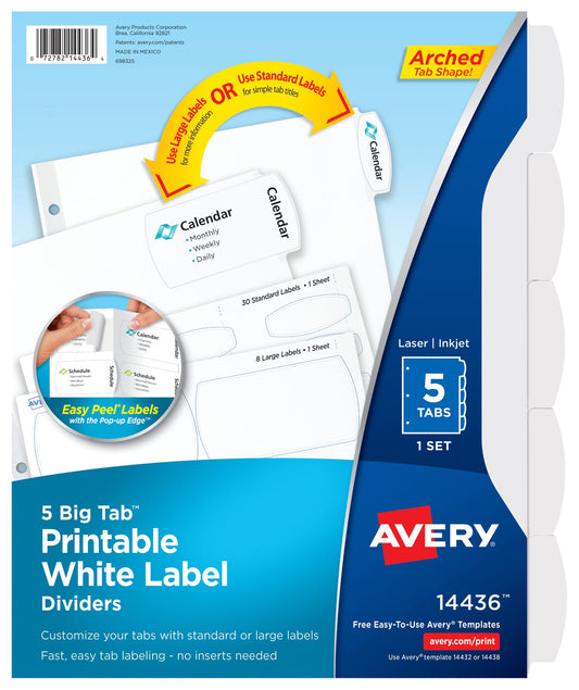 Avery Big Tab Printable White Label Dividers with Easy Peel, 5 Tabs, 1 Set (14436)